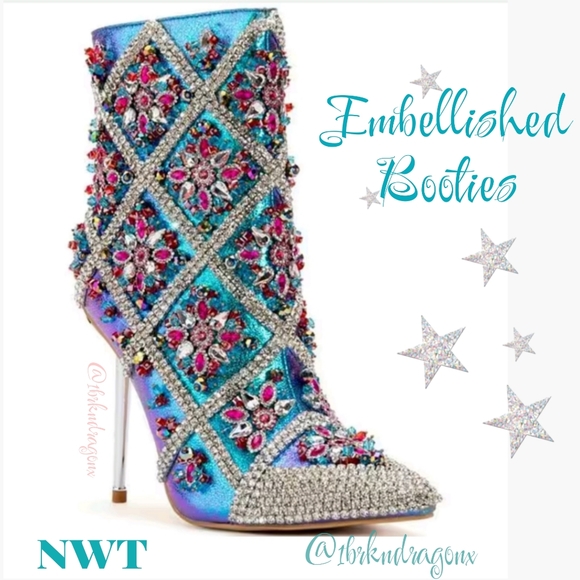 Azalea Wang Iridescent Art Deco Crystal Beaded Dress Stiletto Booties - Picture 13 of 17